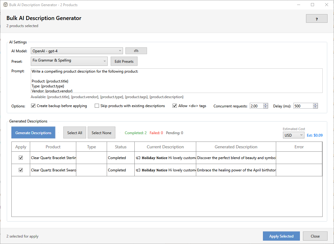 Bulk AI description generator with prompt templates and preview